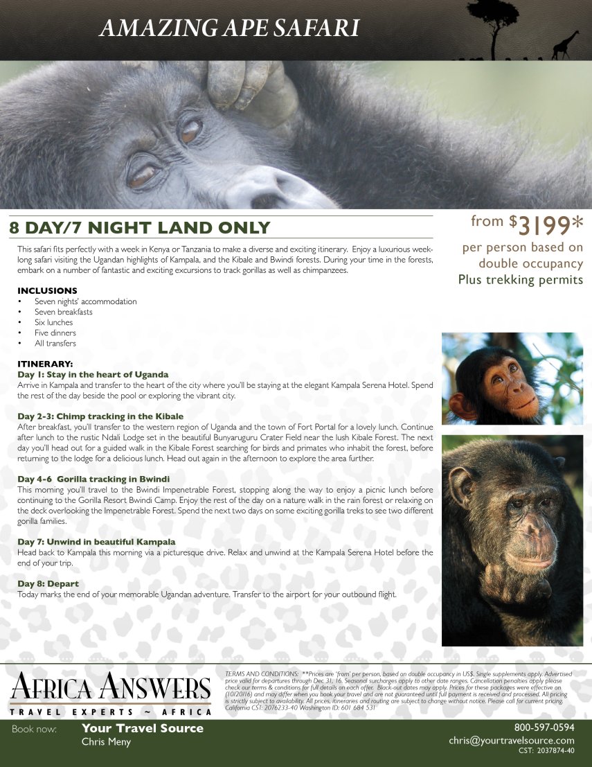 855Amazing Apes Safari - Uganda Flyer Oct 16-Your Travel Source